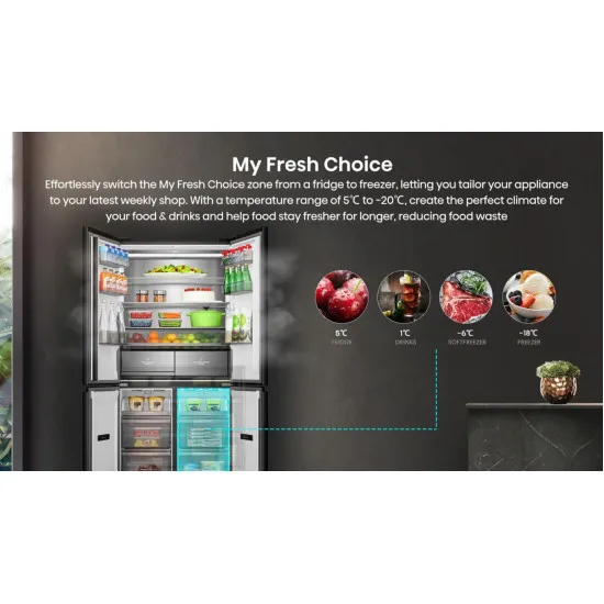 Hisense RQ768N4GBE Total No Frost side by side hűtőszekrény francia ajtós kialakítással, inverteres kompresszor, 381/210L, 91.1x60x190 cm, fekete szín 