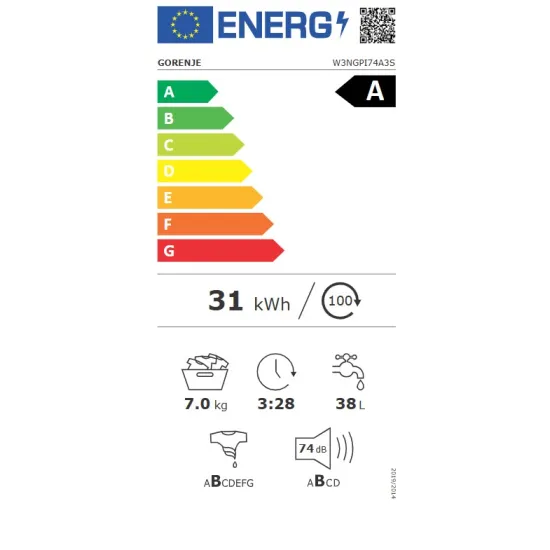 Gorenje W3NGPI74A3S elöltöltős mosógép, 7 kg, inverter motor, gőz, 59.5x51x84.5 cm 