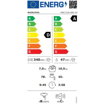 Whirlpool WAD 0736 WBC HU mosó-szárítógép, 10.5/7 kg, Wifi, inverter motor, gőz, 60x60x84.5 cm