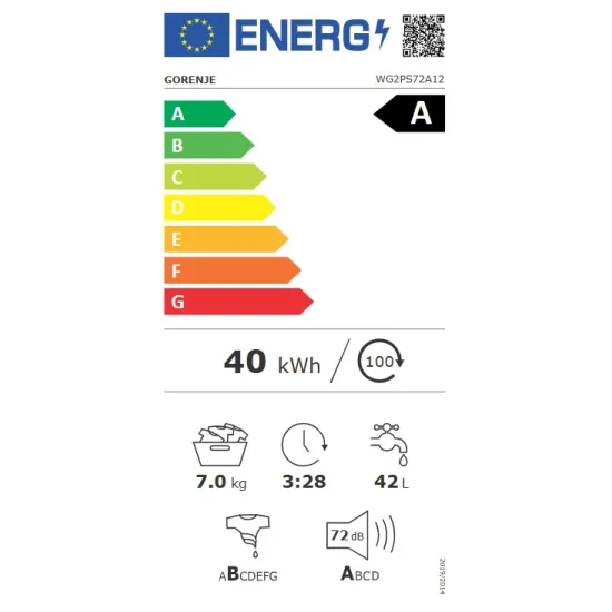 Gorenje WG2PS72A12 elöltöltős mosógép, 7 kg, gőz, 59.5x43.5x84.5 cm
