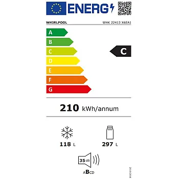 Whirlpool WHK 22413 X6EA1 Total No Frost alulfagyasztós kombinált hűtőszekrény, 297/118L, Zen Inverter Kompresszor, 59.5x67.3x203.5 cm, inox szín 