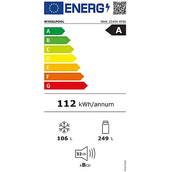 Whirlpool WHK 25404 XP8E Total No Frost alulfagyasztós kombinált hűtőszekrény, 249/106L, Zen Inverter kompresszor, 59.5x66.3x203.5 cm, új ezüst szín