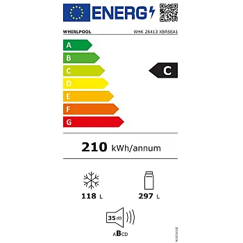 Whirlpool WHK 26413 XBR6EA1 Total No Frost alulfagyasztós kombinált hűtőszekrény, 297/118L, Zen Inverter Kompresszor, 59.5x67.3x203.5 cm, sötét inox szín 