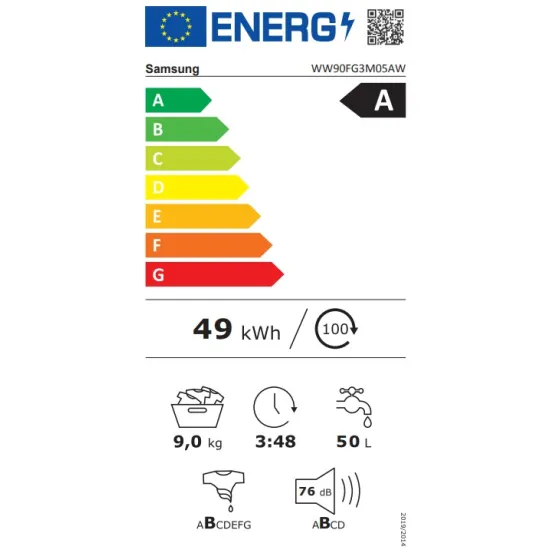 Samsung WW90FG3M05AWLE elöltöltős mosógép, 9 kg, inverter motor, gőz, 59.5x52x85 cm