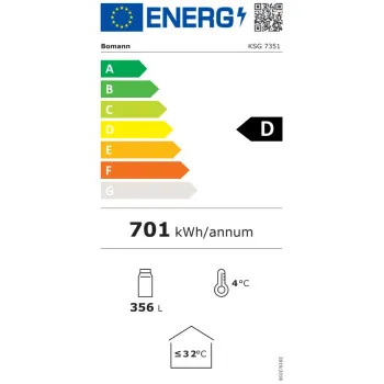 Bomann KSG 7351 üvegajtós italhűtő, 356L, 59.5x57x194.5 cm, fekete szín