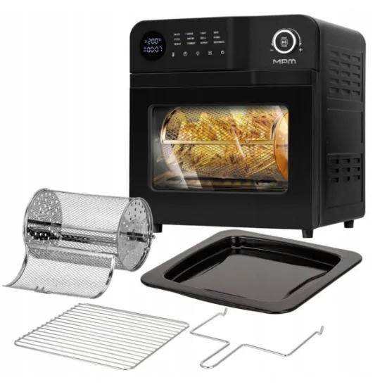 MPM MPM-MFR-15 forrólevegős sütő, Air Fryer forgó kosárral, 16L, 1700W, fekete szín 