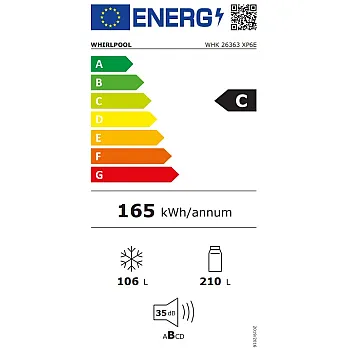 Whirlpool WHK 26363 XP6E Total No Frost alulfagyasztós kombinált hűtőszekrény, 210/106L, Zen Inverter kompresszor, 59.5x66.3x186.5 cm, inox szín 