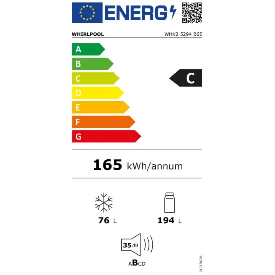 Whirlpool WHK2 5294 B6E Total No Frost beépíthető alulfagyasztós kombinált hűtőszekrény, Zen Inverter Kompresszor, 194/76L, 54x55x177.5 cm