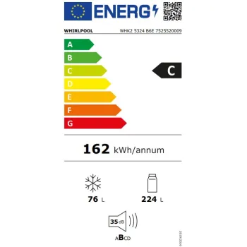 Whirlpool WHK2 5324 B6E Total No Frost beépíthető alulfagyasztós kombinált hűtőszekrény, 224/76L, Zen Inverter Kompresszor, 54x55x193.5 cm