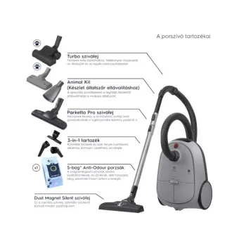 Electrolux EB61A5UG porzsákos porszívó, turbo fej, állatszőr kefe, parketta szívófej, 850W, szürke szín