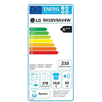 LG RH10V9AV4W hőszivattyús szárítógép,automatikus kondenzátortisztítás és ThinQ™ Wifi, Dual Inverter motor, 10kg, 60x66x85cm 