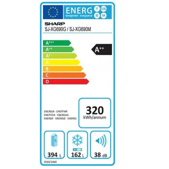Sharp SJXG690MSL felülfagyasztós kombinált hűtőszekrény, 394/162L, 82x72x186 cm, inox 