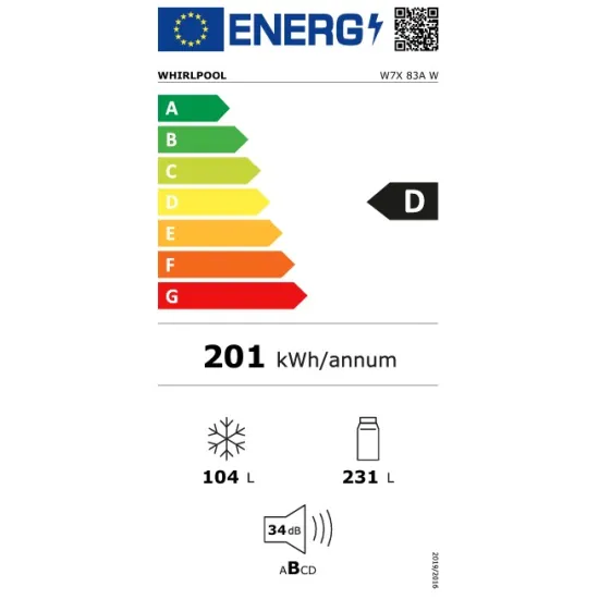 Whirlpool W7X 83A W Total No Frost alulfagyasztós kombinált hűtőszekrény, Zen Inverter Kompresszor, 231/104L, 59.6x67.8x191.2 cm