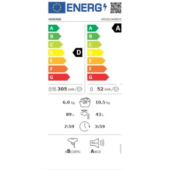Hisense WD3S1043BW3 mosó-szárítógép,10.5/6 kg, gőz, inverter motor, 59.5x59x84.5 cm 