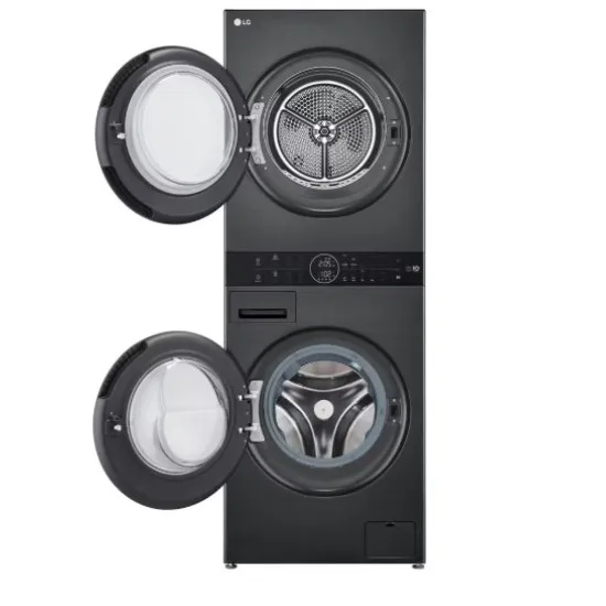 LG WT1210BBF WashTower™ elöltöltős mosógép és hőszivattyús szárítógép egybeépítve, Direct Drive inverter motor, 12/10 kg, WIFI, 60x66x165.5 cm, fekete acél szín 