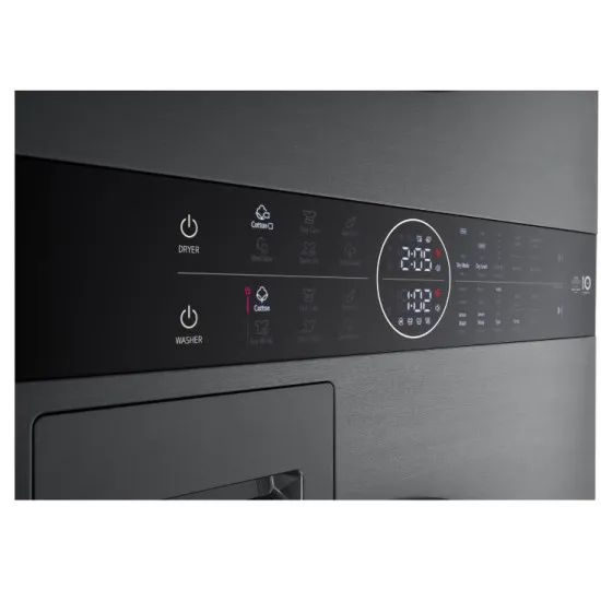 LG WT1210BBF WashTower™ elöltöltős mosógép és hőszivattyús szárítógép egybeépítve, Direct Drive inverter motor, 12/10 kg, WIFI, 60x66x165.5 cm, fekete acél szín 