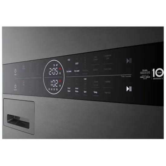 LG WT1210BBF WashTower™ elöltöltős mosógép és hőszivattyús szárítógép egybeépítve, Direct Drive inverter motor, 12/10 kg, WIFI, 60x66x165.5 cm, fekete acél szín 