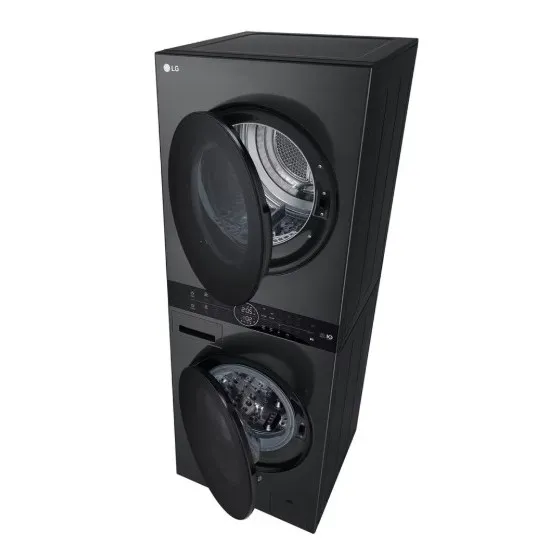 LG WT1210BBF WashTower™ elöltöltős mosógép és hőszivattyús szárítógép egybeépítve, Direct Drive inverter motor, 12/10 kg, WIFI, 60x66x165.5 cm, fekete acél szín 