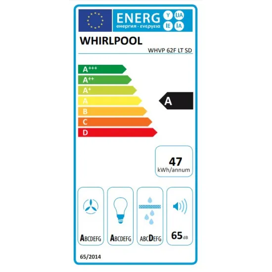 Whirlpool WHVP 62F LT SD beépíthető falra szerelhető döntött kürtös konyhai elszívó, LED világítás, 59.8x19.2x71 cm, ezüst szín 