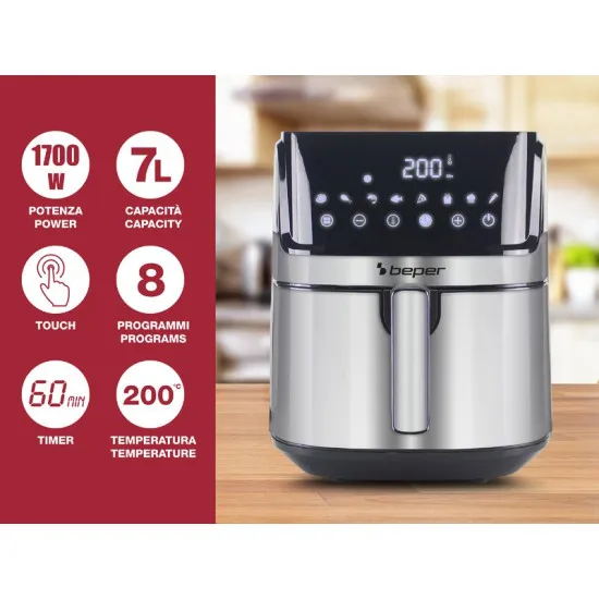 Beper P101FRI070 forrólevegős sütő, Air Fryer, 1700W, 7L, inox 