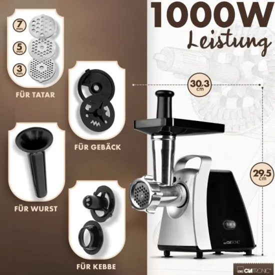 Clatronic FW 3803 húsdaráló, 1000W, fekete/ezüst, 3 fém darálótárcsa finom, normál és durva kezeléshez, 3 mm, 5 mm, 7 mm