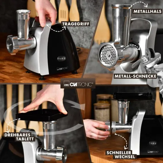 Clatronic FW 3803 húsdaráló, 1000W, fekete/ezüst, 3 fém darálótárcsa finom, normál és durva kezeléshez, 3 mm, 5 mm, 7 mm