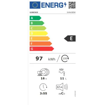 Gorenje GV643E90 teljesen beépíthető mosogatógép, 16 teríték, 59.8x55.5x81.6 cm