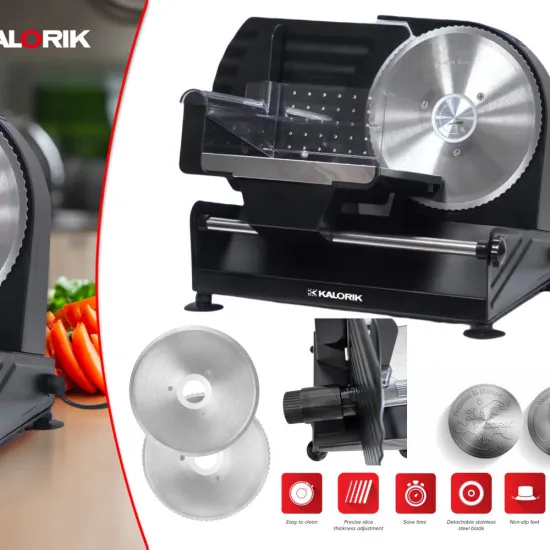 Kalorik AS2000BK fém metál fekete szeletelőgép  2db cserélhető rozsdamentes acél vágópengével, 220W