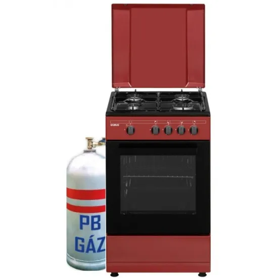 Samus SM566APGS gázpalackos gáztűzhely 50X55,5X86cm, 4 gázégős, Borgundy/Fekete szín, a gázpalack nem tartozéka a tűzhelynek