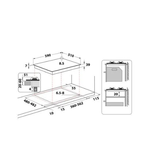 Whirlpool GMWL 628/IXL EE beépíthető gáz főzőlap, wok főzőzóna, 59x51x4.1 cm, ixelium inox szín