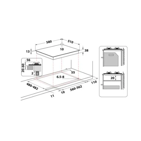 Whirlpool TKRL 661 NB beépíthető gáz főzőlap, 58x51x5.6 cm, wok főzőzóna, antracit szín 