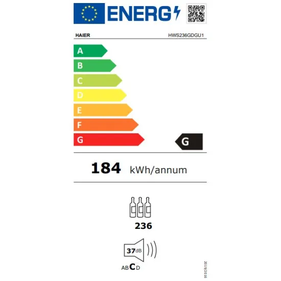 Haier HWS236GDGU1 borhűtő, 236 palack, Wifi, 59.7x71.4x190 cm, fekete szín 
