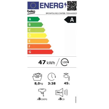Beko BM3WFSU38213WPBB elöltöltős mosógép, 8 kg, inverter motor, gőz, 60x54.6x84.5 cm