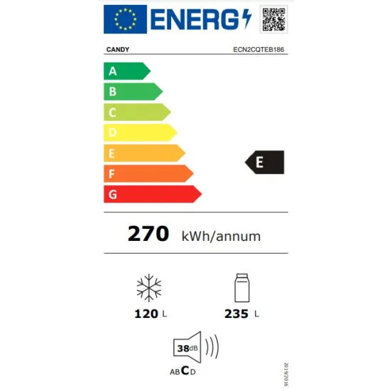 Candy ECN2CQTEB186 No Frost alulfagyasztós kombinált hűtőszekrény, 235/120L, Wifi, 59.5x66.7x185 cm, fekete szín