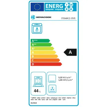 Novacook F5S40G2 INOX gáztűzhely, 57L, gáz sütő alsó-felső külön kapcsolható gázrózsa a sütőben, szikragyújtás, sütővilágítás, 50x55x87 cm, inox 