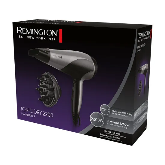 Remington D3190S Ionic Dry hajszárító, 2200W, ionizáló funkció, diffúzor, fekete/szürke 