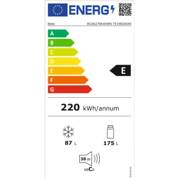 Beko RCSA270K40WN alulfagyasztós kombinált hűtőszekrény, 175/87L, 54x57.4x170.8 cm 