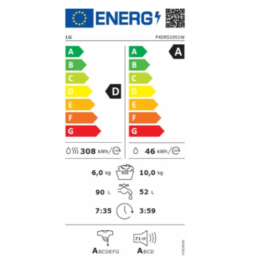 LG F4DR510S1W mosó-szárítógép gőzfunkcióval 10/6kg, inverter Direct Drive motor, 60x56.5x85cm