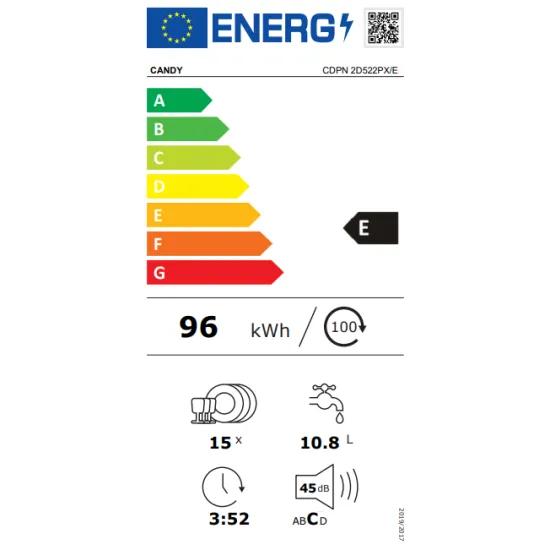 Candy CDPN 2D522PX/E mosogatógép 15 teríték, E energiaosztály,Távezzérlés és extra tartalom WiFi, 9program 