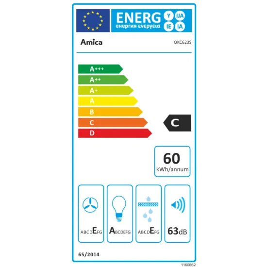 Amica OKC623S ferdesikú döntött kürtös konyhai elszívó 60cm széles,feketére festett acél szín