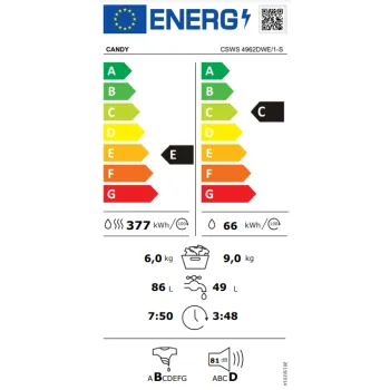 Candy CSWS 4962DWE/1-S mosó-szárítógép, 9/6 kg, 1400 ford./perc,CSWS4962DWE/1-S, 60x58x85 cm 