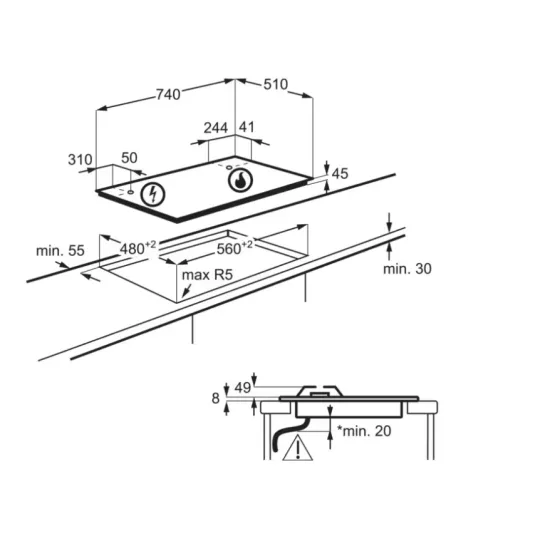 Electrolux KGG75362K fekete beépíthető gázfőzőlap, 74x51x4.5 cm 