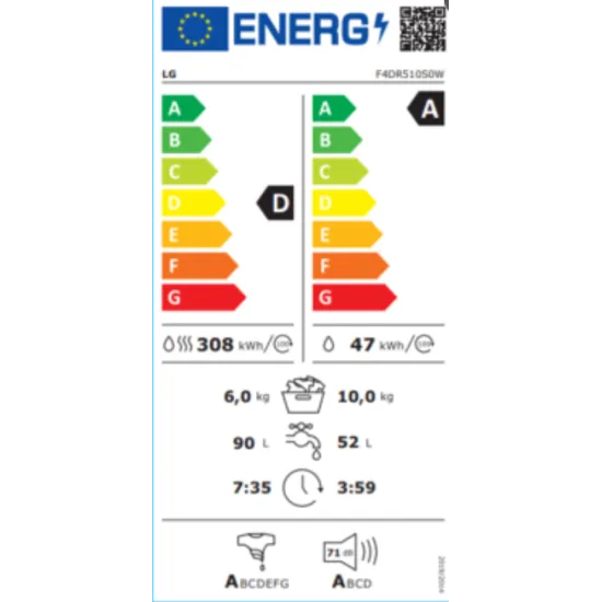 LG F4DR510S0W mosó-szárítógép 10/6kg, Inverter motor, 60x56.5x85 cm 