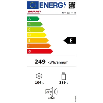 MPM MPM-357-FF-49 NoFrost fekete alulfagyasztós kombinált hűtőszekrény 219/104L, érintésvezérlés kijelzővel 60x69x185 cm 