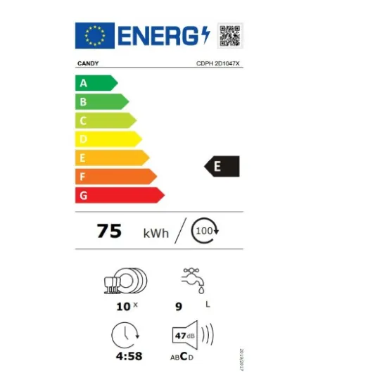 Candy CDPH 2D1047X keskeny mosogatógép, E energiaosztály, vízfogyasztás 9 L, 7 program, inox
