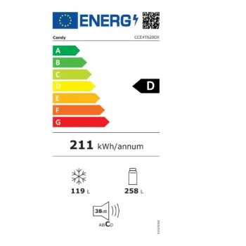 Candy CCE4T620DX Total NoFrost szürke alulfagyasztós kombinált hűtőszekrény Wifi, D energiaosztály 59.8x65.8x200 cm, szürke 