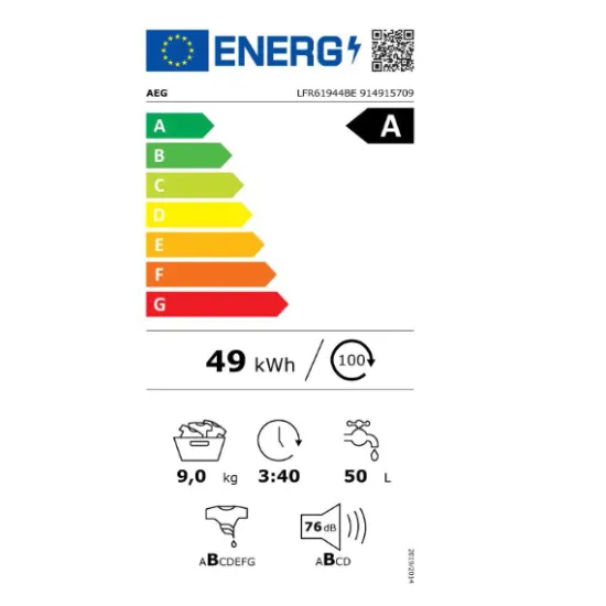 AEG LFR61844BE ProSense elöltöltős mosógép, ökoinverter motorral 9kg, 50L, Led kijelző, 1400f/perc, 59.6x60.2x84.7cm 