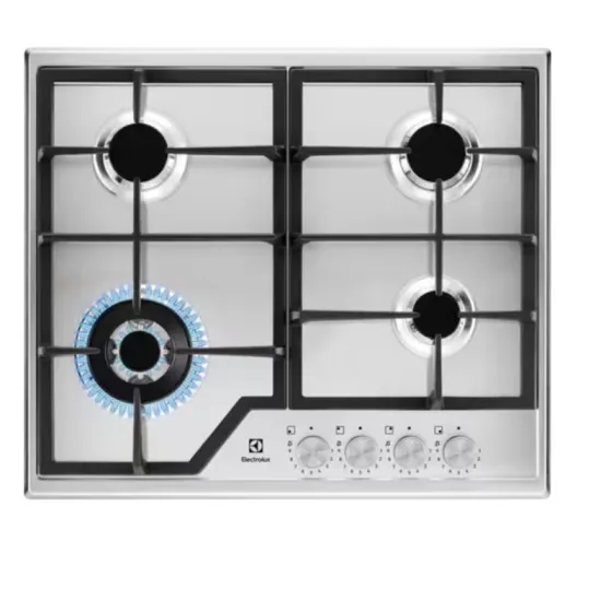 Electrolux KGS64362SX beépíthető gáz főzőlap, inox, kétkörös wok égőfej, 2 fekete öntöttvas tartórács