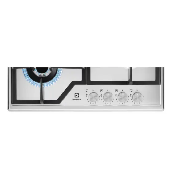 Electrolux KGS64362SX beépíthető gáz főzőlap, inox, kétkörös wok égőfej, 2 fekete öntöttvas tartórács