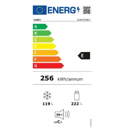 Candy CCE4T618EX No Frost alulfagyasztós kombinált hűtőszekrény, E energiaosztály, 222L, 3 fagyasztórekesz, No Frost, inox,341L 